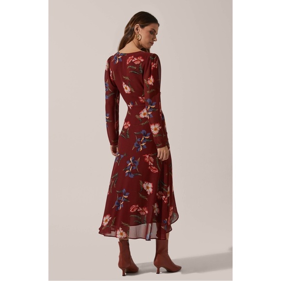 ASTR Mauve Floral High Low Ruched Front Midi Dress Size Medium - Picture 2 of 14